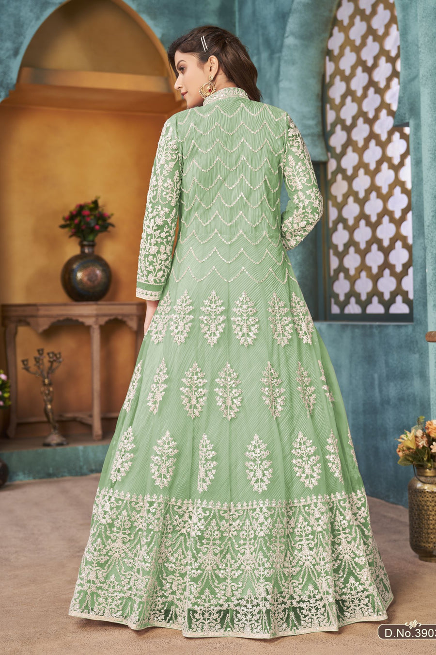 Green Net Anarkali Indian Party Wear Dresses with Sequins Work