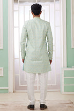 Greenish Grey Jacquard Silk Indo Western Clothes for Men