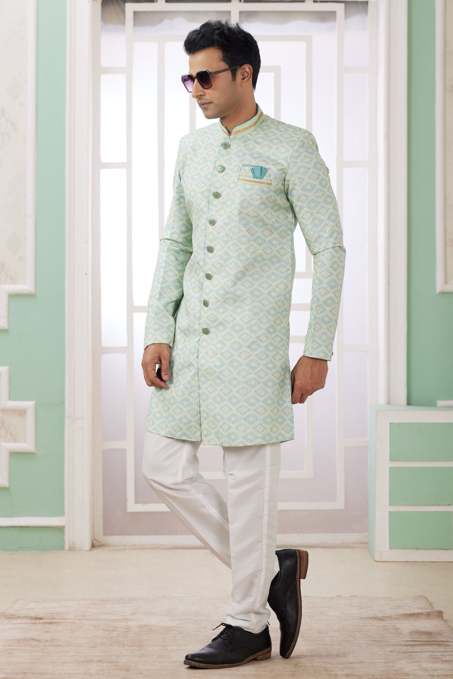 Greenish Grey Jacquard Silk Indo Western Clothes for Men