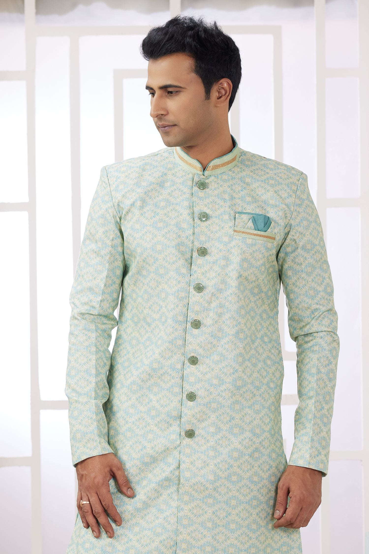 Greenish Grey Jacquard Silk Indo Western Clothes for Men