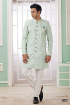 Greenish Grey Jacquard Silk Indo Western Clothes for Men