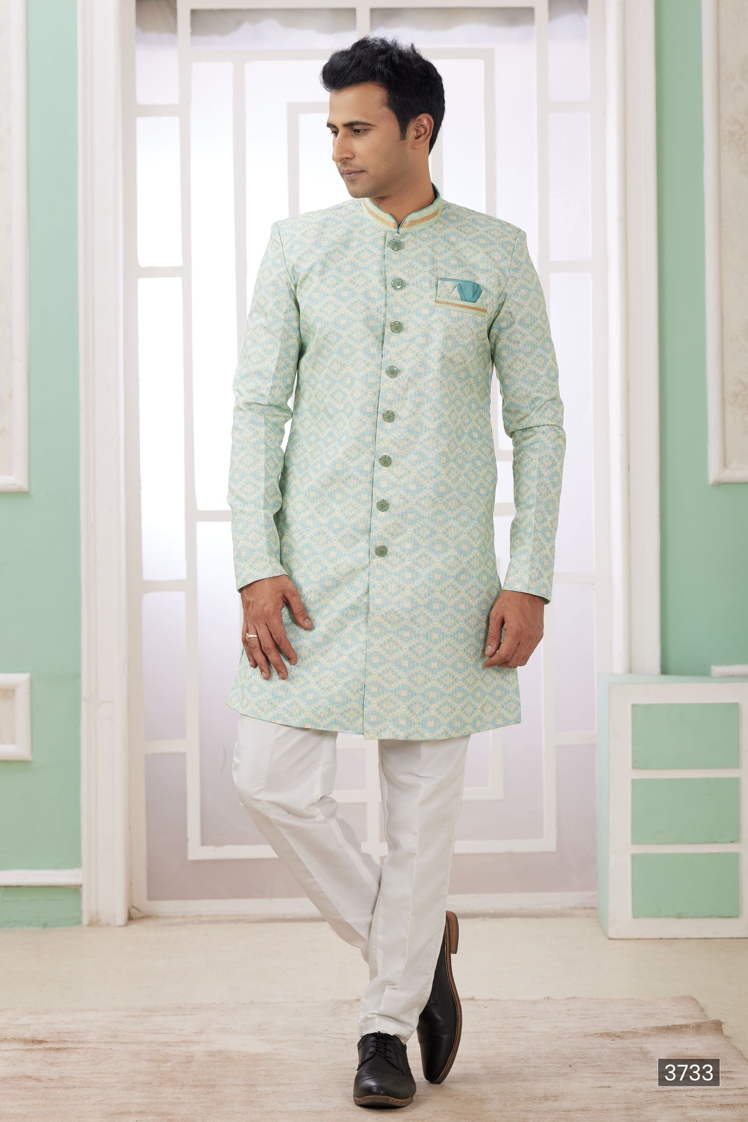 Greenish Grey Jacquard Silk Indo Western Clothes for Men