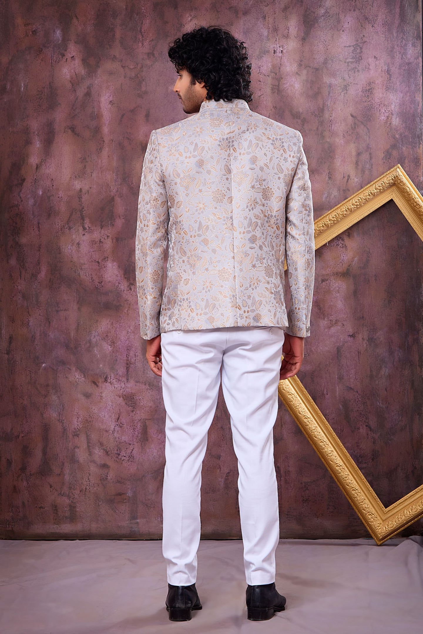 Grey Art Silk Jodhpuri Outfit For Men & Pant with Weaving Work