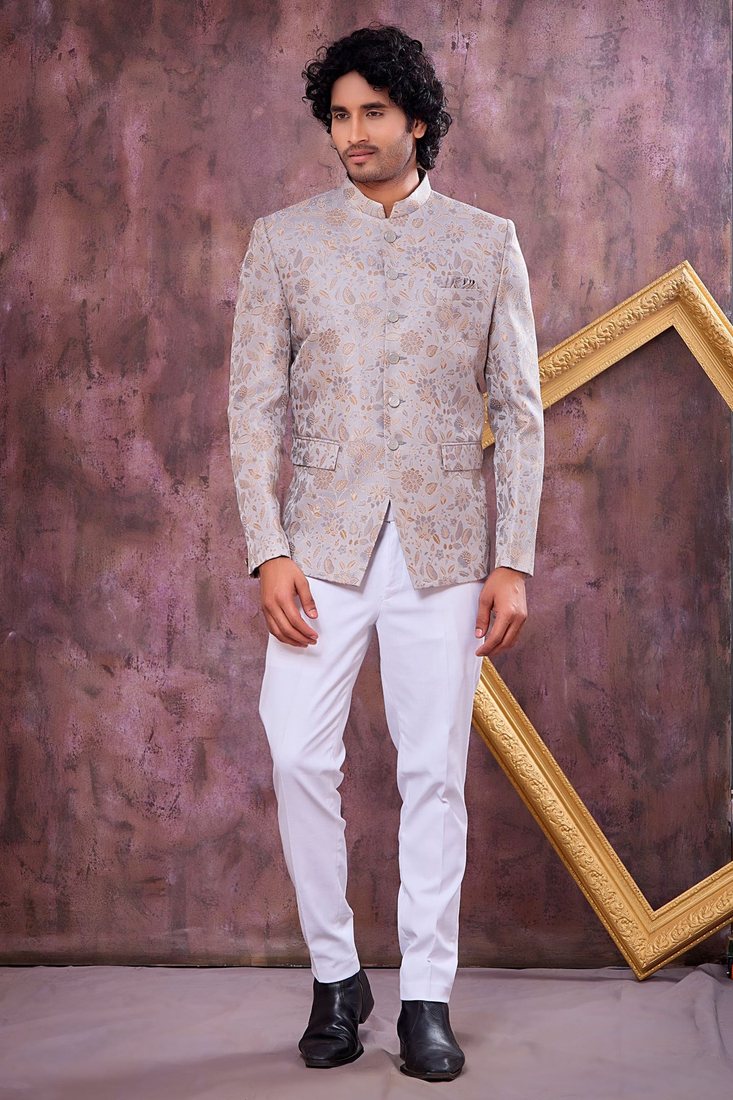 Grey Art Silk Jodhpuri Outfit For Men & Pant with Weaving Work