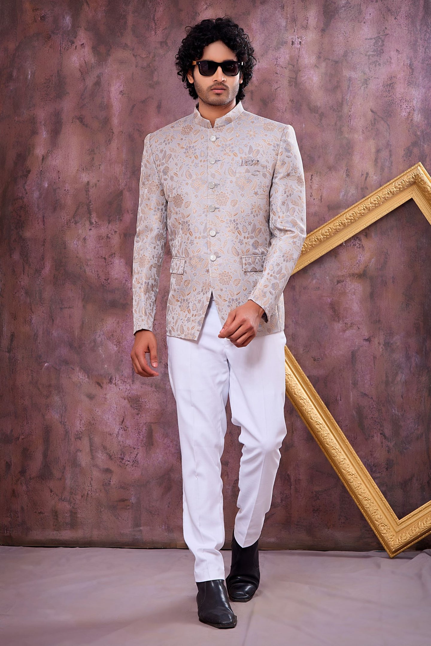 Grey Art Silk Jodhpuri Outfit For Men & Pant with Weaving Work
