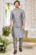Grey Art Silk Kurta Pajama with Waistcoat Jacket for Men for Festivals & Wedding - Embroidery Work
