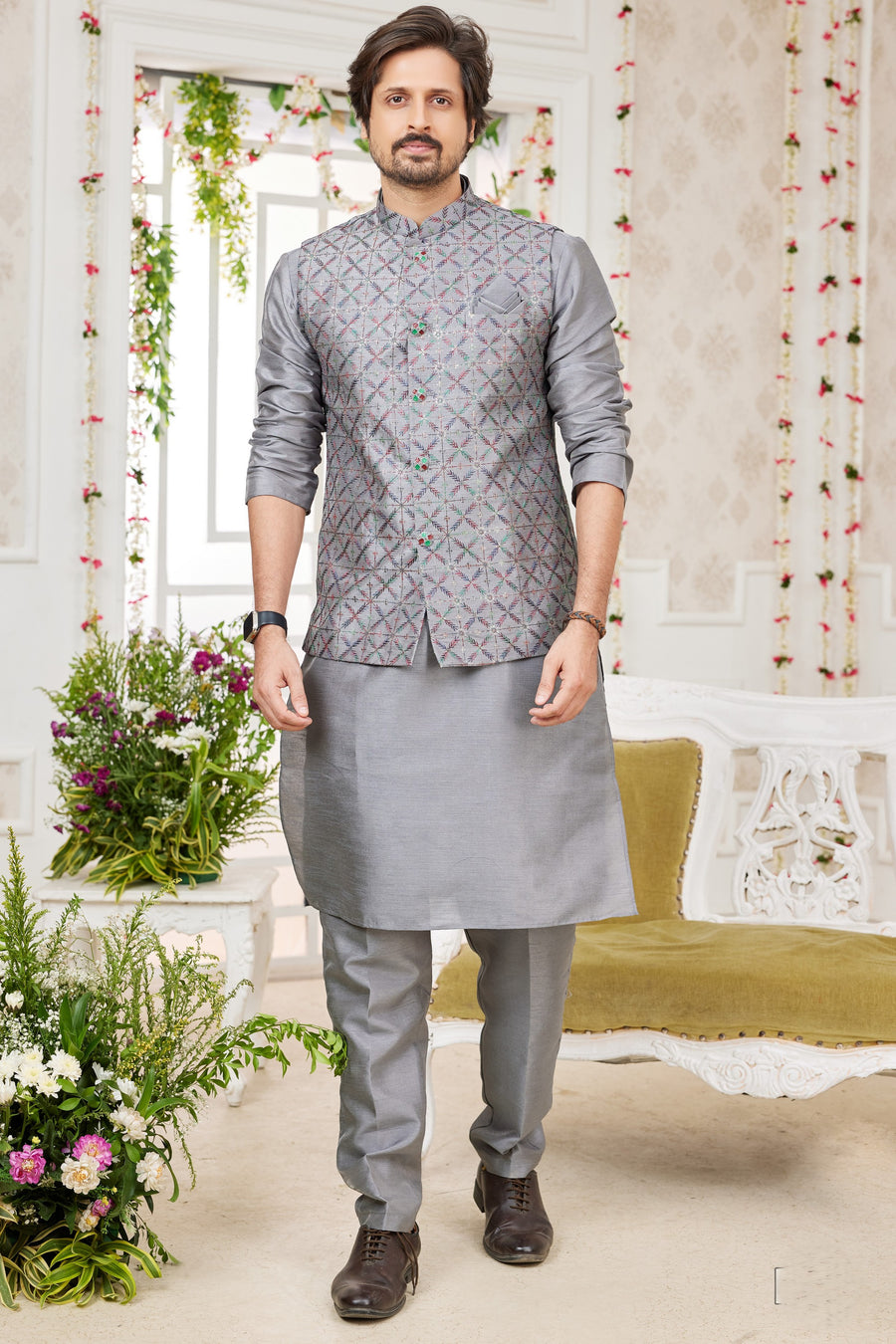 Grey Art Silk Kurta Pajama with Waistcoat Jacket for Men for Festivals & Wedding - Embroidery Work