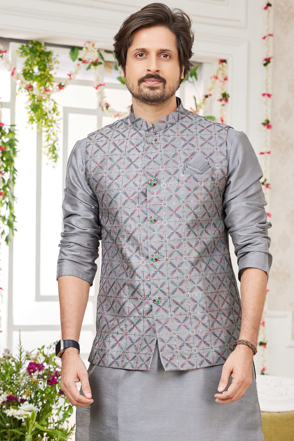 Grey Art Silk Kurta Pajama with Waistcoat Jacket for Men for Festivals & Wedding - Embroidery Work