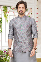 Grey Art Silk Kurta Pajama with Waistcoat Jacket for Men for Festivals & Wedding - Embroidery Work