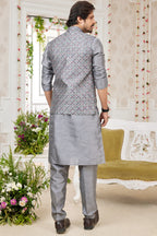 Grey Art Silk Kurta Pajama with Waistcoat Jacket for Men for Festivals & Wedding - Embroidery Work