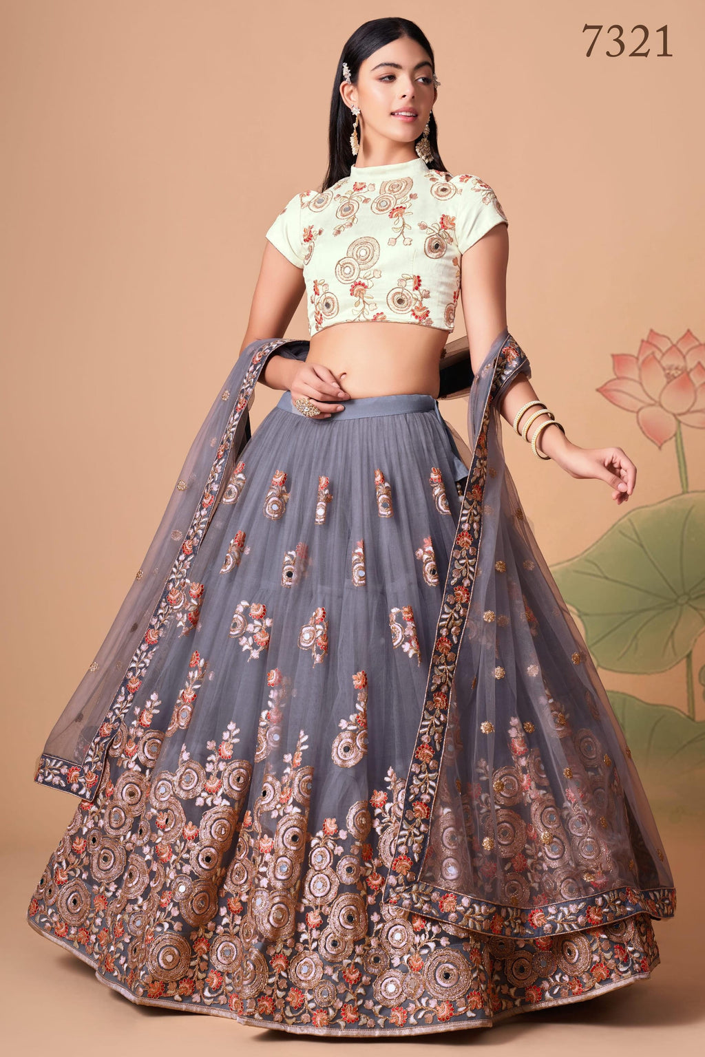 Grey Art Silk Lehenga Choli For Indian & Pakistani Wedding Festival - Sequins & Thread Embroidery Work, Zari Work, Real Mirror Work, Mirr