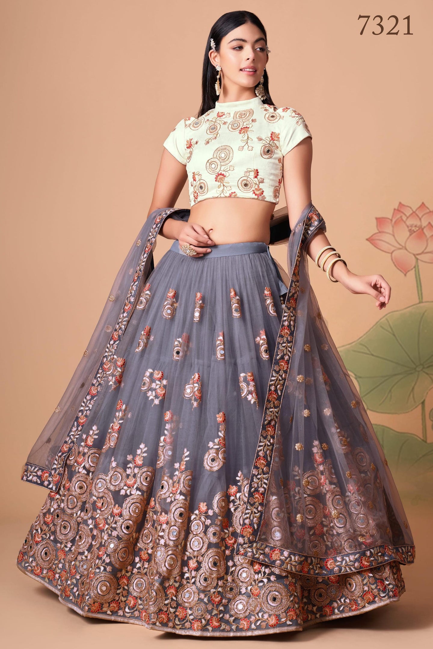 Grey Art Silk Lehenga Choli For Indian & Pakistani Wedding Festival - Sequins & Thread Embroidery Work, Zari Work, Real Mirror Work, Mirr