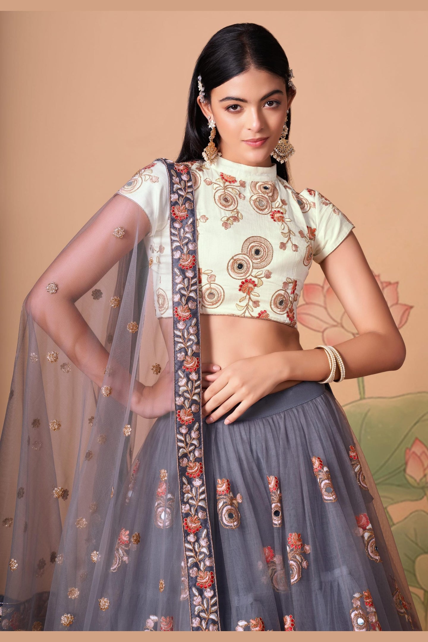 Grey Art Silk Lehenga Choli For Indian & Pakistani Wedding Festival - Sequins & Thread Embroidery Work, Zari Work, Real Mirror Work, Mirr