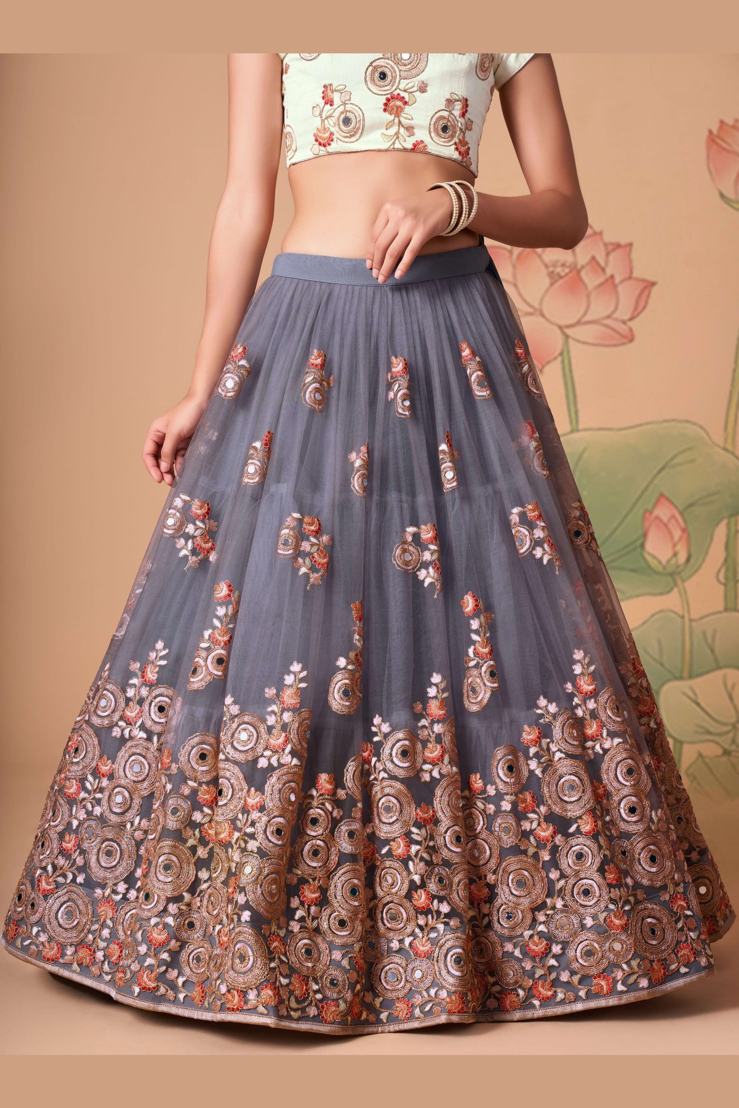 Grey Art Silk Lehenga Choli For Indian & Pakistani Wedding Festival - Sequins & Thread Embroidery Work, Zari Work, Real Mirror Work, Mirr