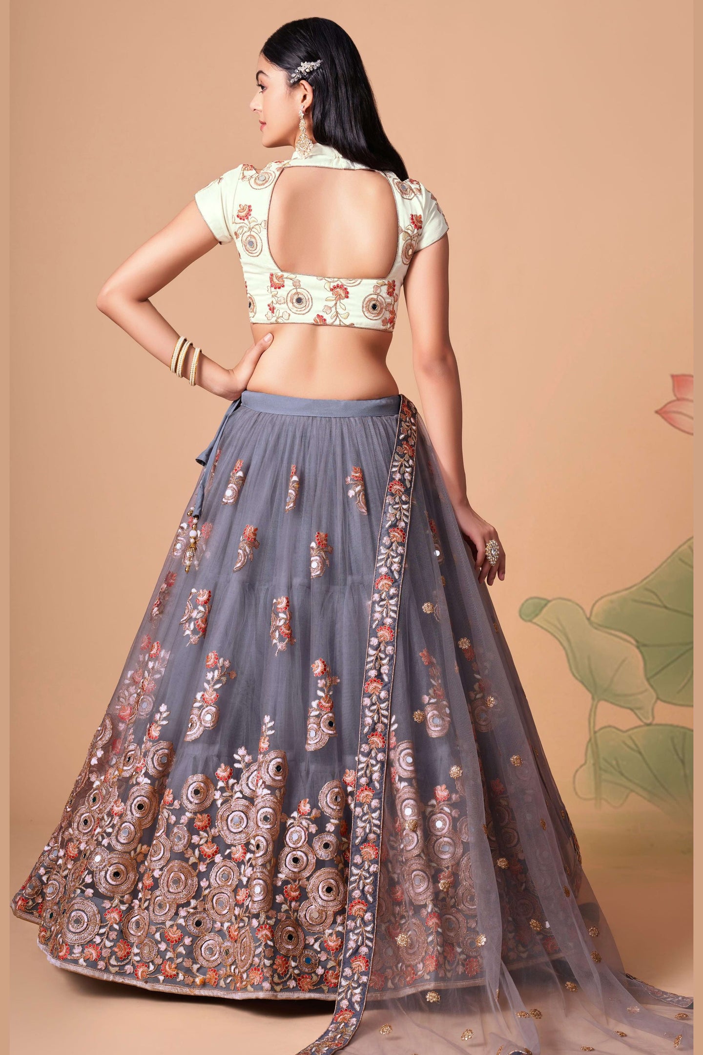 Grey Art Silk Lehenga Choli For Indian & Pakistani Wedding Festival - Sequins & Thread Embroidery Work, Zari Work, Real Mirror Work, Mirr