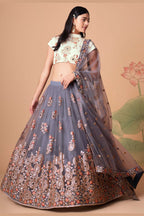 Grey Art Silk Lehenga Choli For Indian & Pakistani Wedding Festival - Sequins & Thread Embroidery Work, Zari Work, Real Mirror Work, Mirr