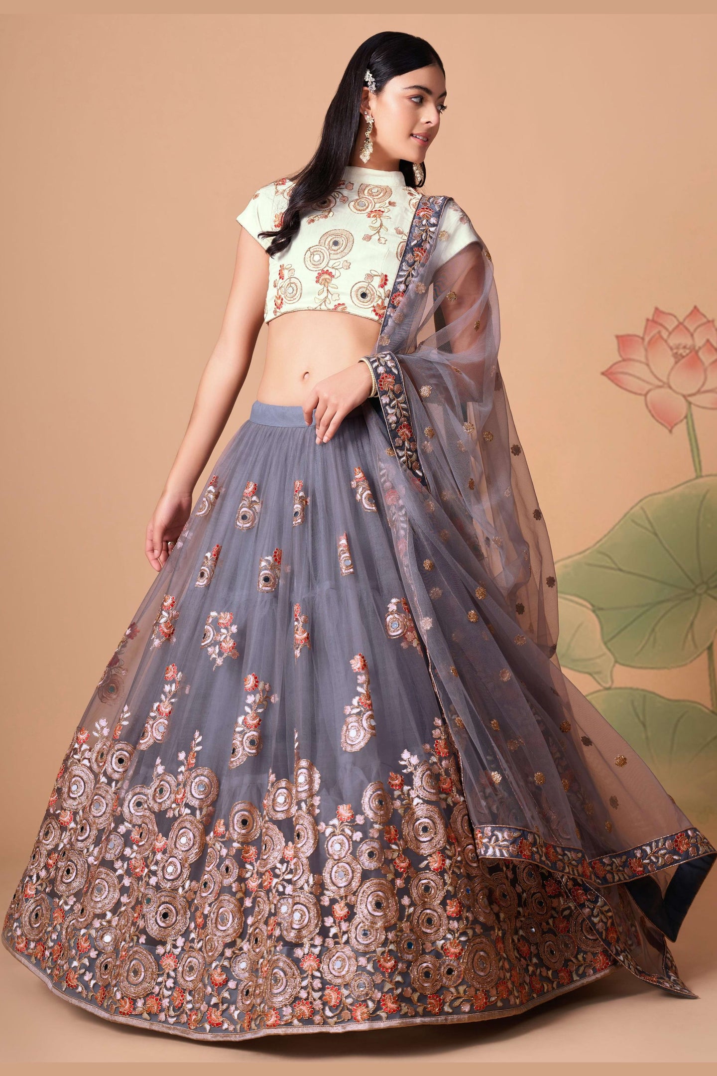 Grey Art Silk Lehenga Choli For Indian & Pakistani Wedding Festival - Sequins & Thread Embroidery Work, Zari Work, Real Mirror Work, Mirr