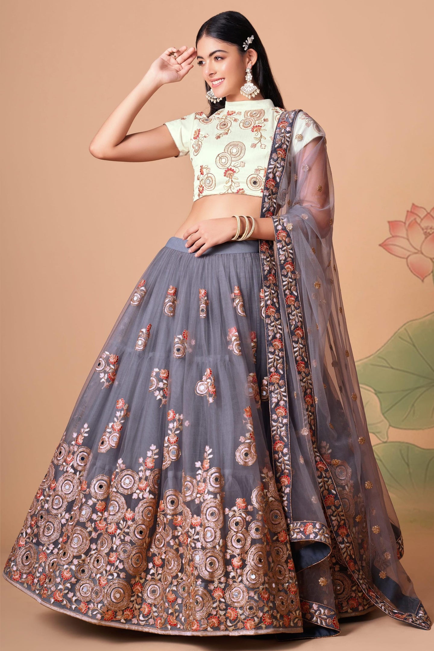 Grey Art Silk Lehenga Choli For Indian & Pakistani Wedding Festival - Sequins & Thread Embroidery Work, Zari Work, Real Mirror Work, Mirr