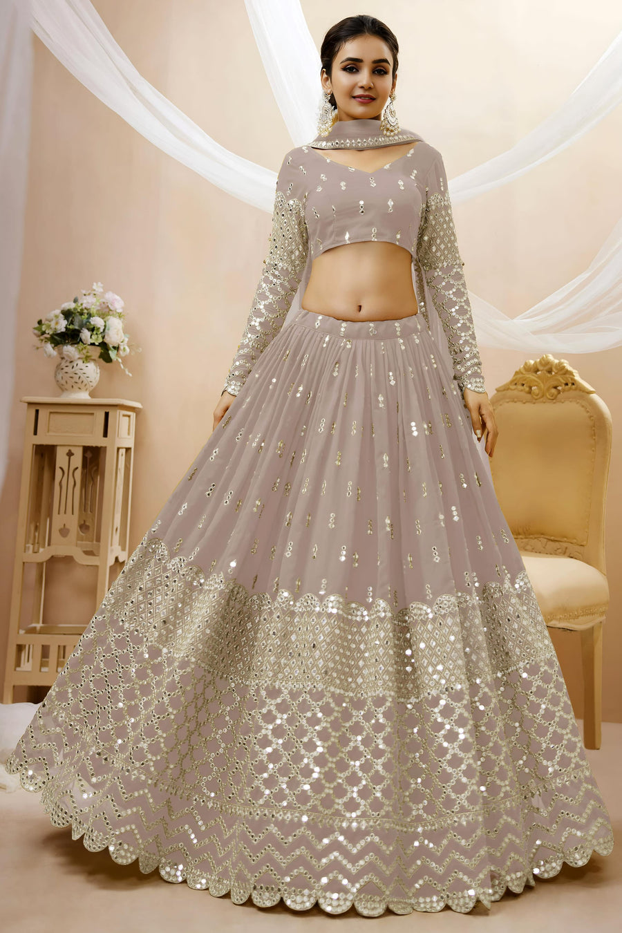 Grey Georgette Lehenga Choli For Indian & Pakistani Wedding Festival - Sequins & Thread Embroidery Work, Zari Work