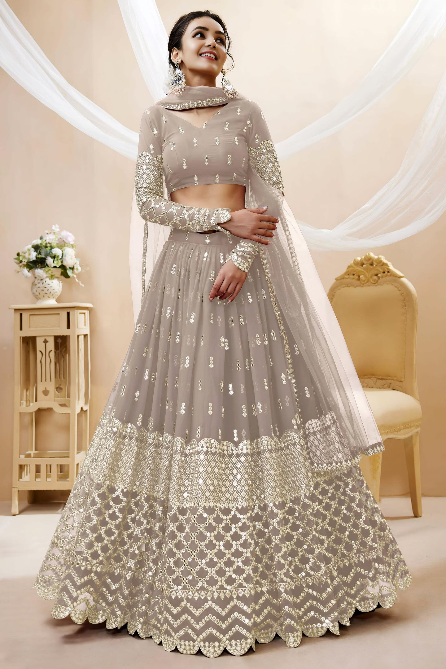 Grey Georgette Lehenga Choli For Indian & Pakistani Wedding Festival - Sequins & Thread Embroidery Work, Zari Work