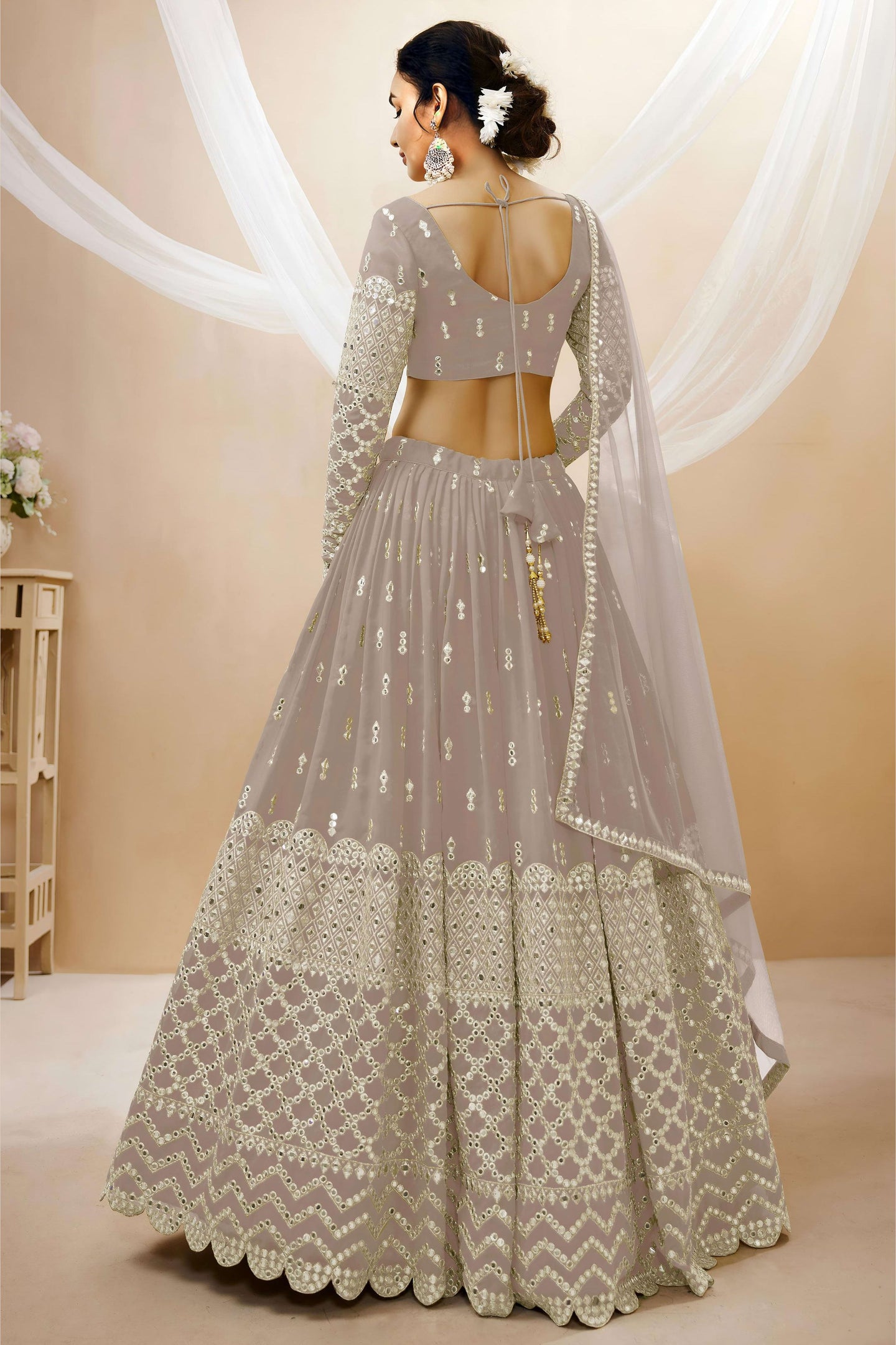 Grey Georgette Lehenga Choli For Indian & Pakistani Wedding Festival - Sequins & Thread Embroidery Work, Zari Work