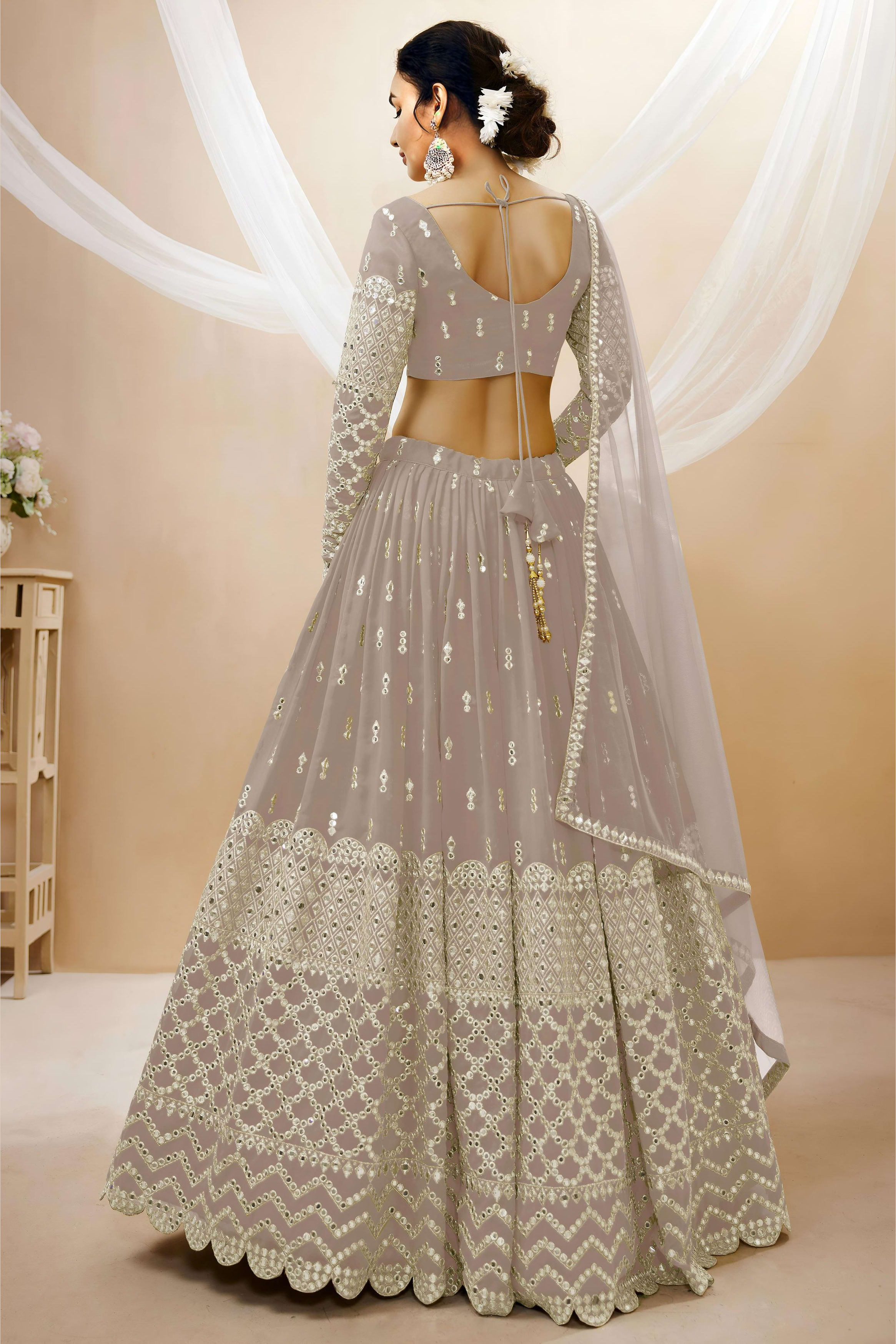 Grey Georgette Lehenga Choli For Indian & Pakistani Wedding Festival - Sequins & Thread Embroidery Work, Zari Work