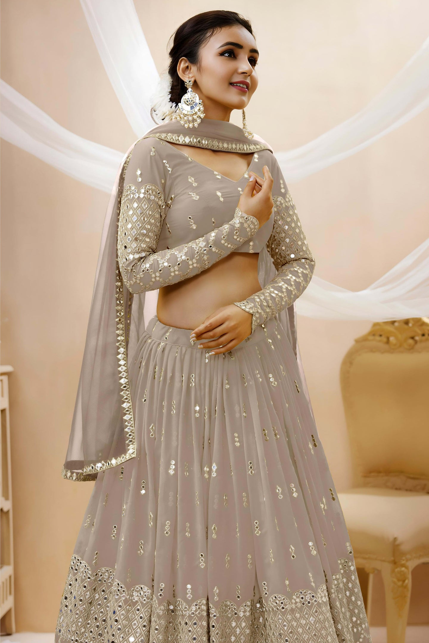 Grey Georgette Lehenga Choli For Indian & Pakistani Wedding Festival - Sequins & Thread Embroidery Work, Zari Work