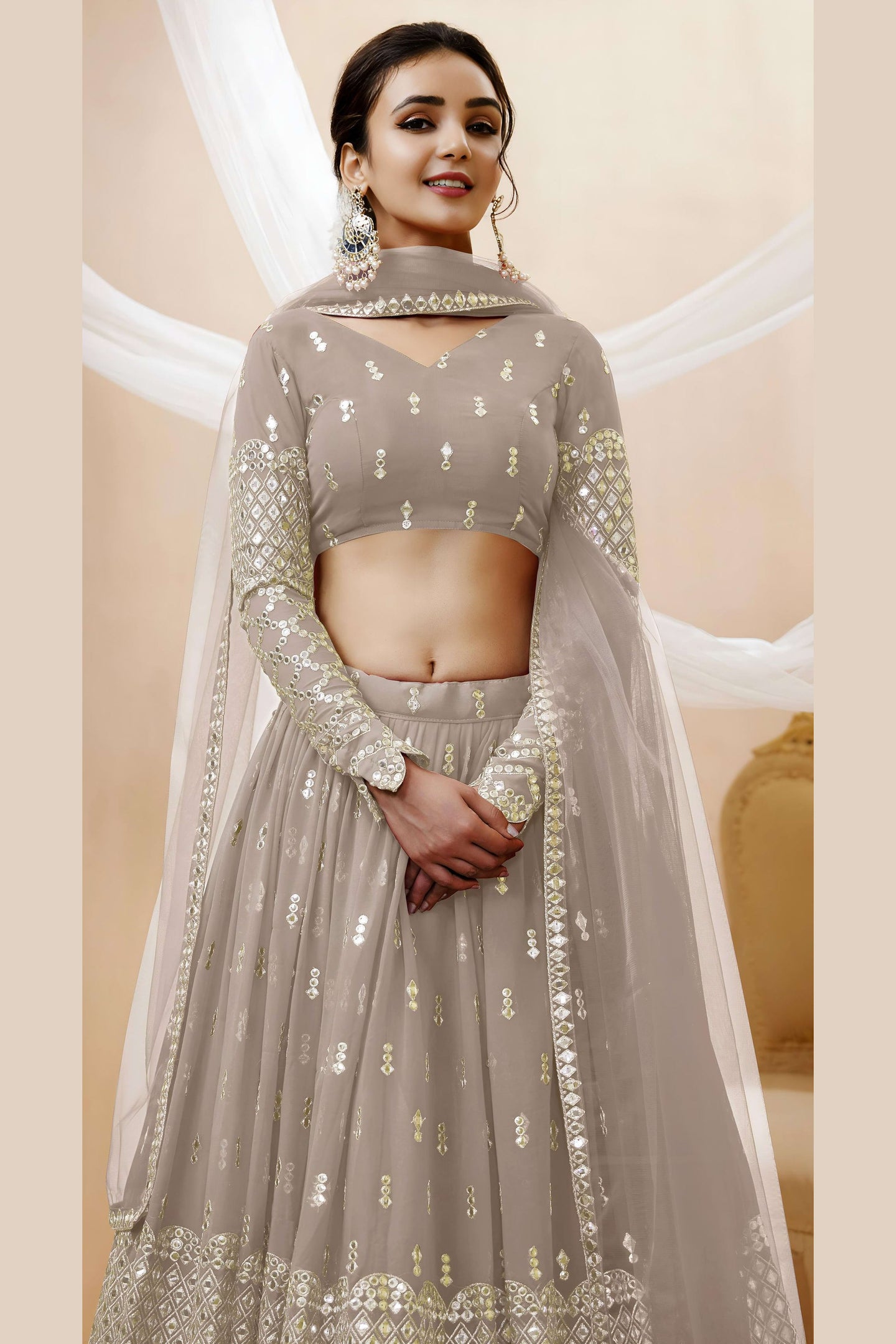 Grey Georgette Lehenga Choli For Indian & Pakistani Wedding Festival - Sequins & Thread Embroidery Work, Zari Work