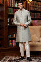 Grey Jacquard Silk Indo Western Traditional Sherwani Long Kurta & Pant for Men for Wedding - Embroidery Work