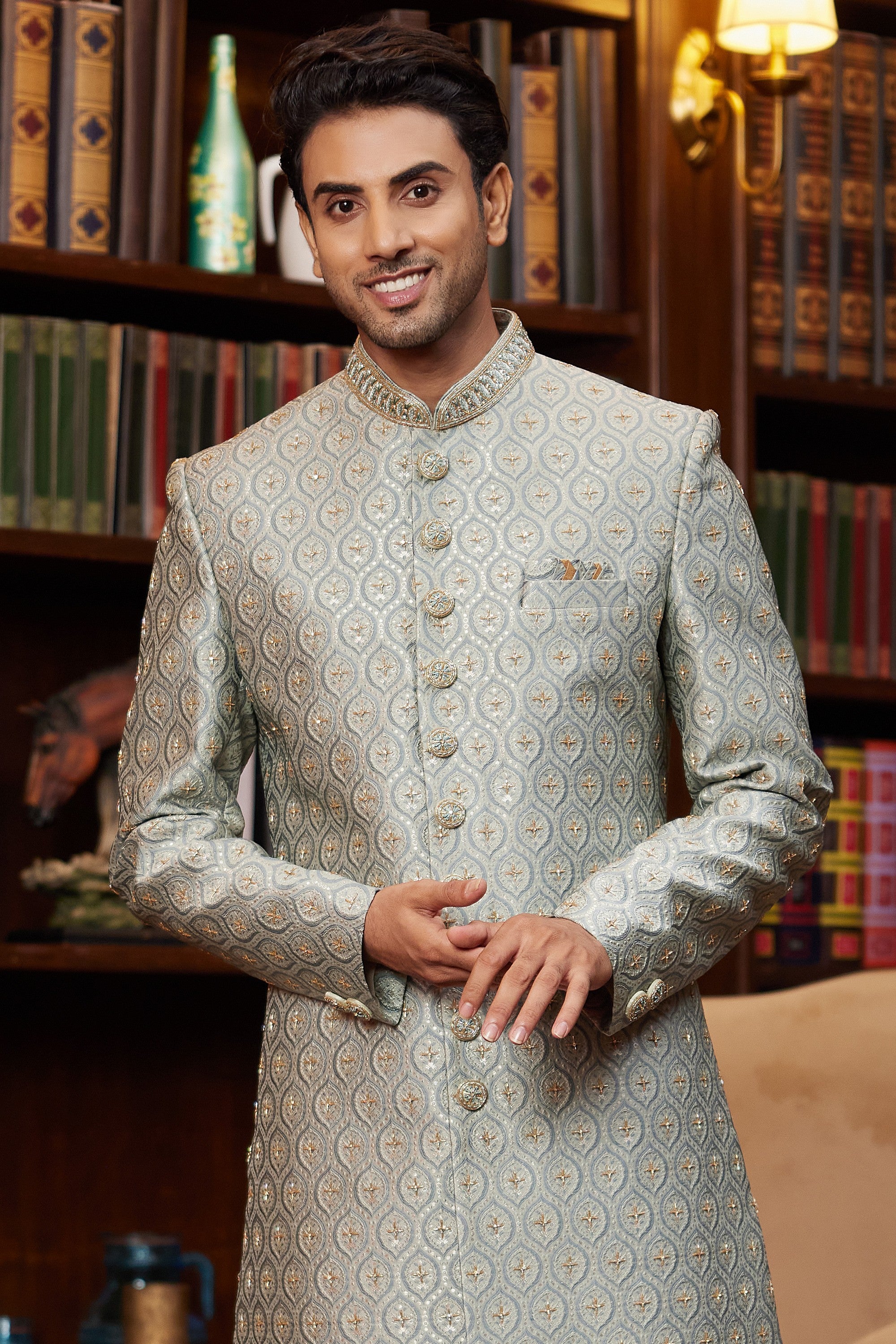Grey Jacquard Silk Indo Western Traditional Sherwani Long Kurta & Pant for Men for Wedding - Embroidery Work