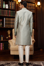 Grey Jacquard Silk Indo Western Traditional Sherwani Long Kurta & Pant for Men for Wedding - Embroidery Work