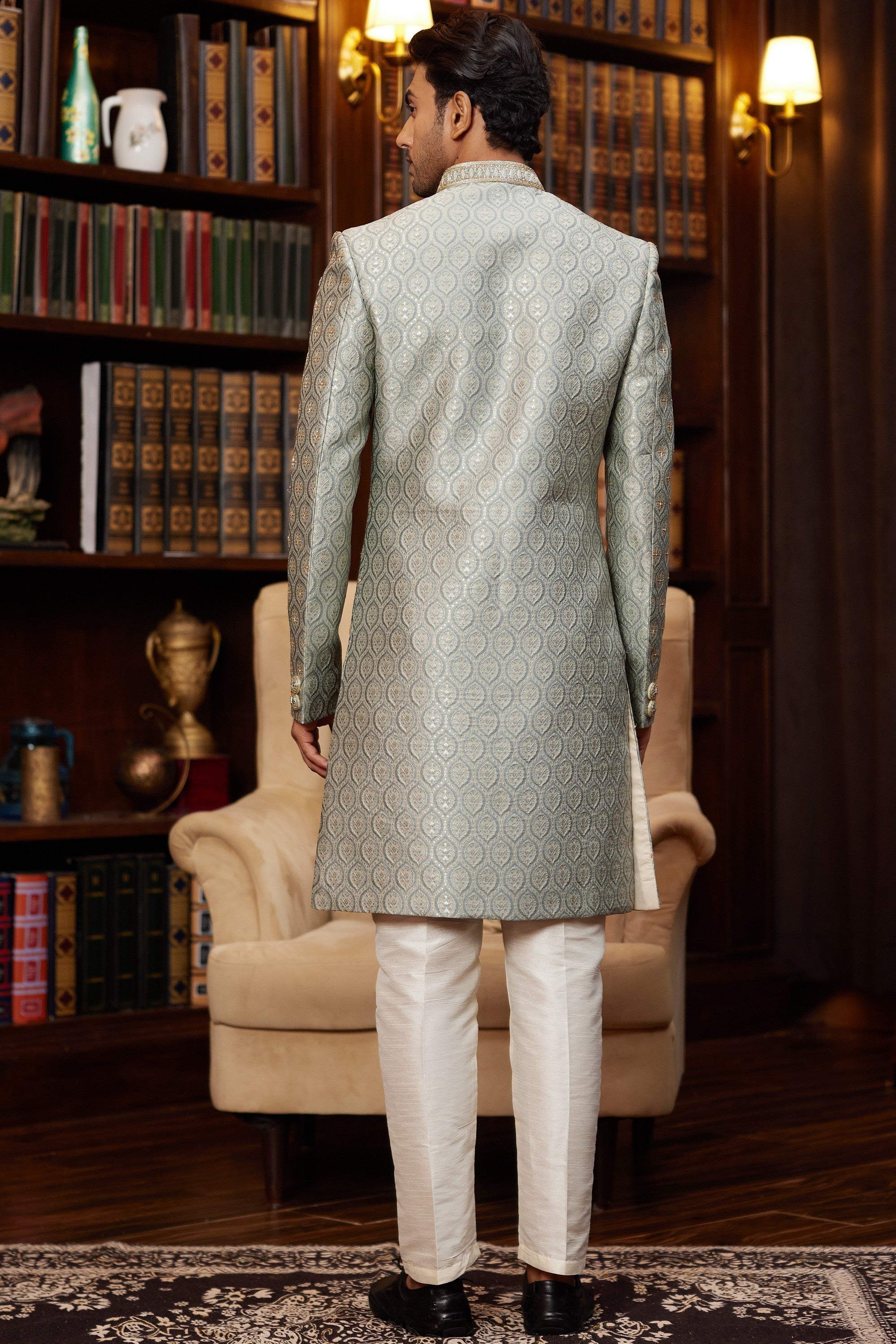 Grey Jacquard Silk Indo Western Traditional Sherwani Long Kurta & Pant for Men for Wedding - Embroidery Work