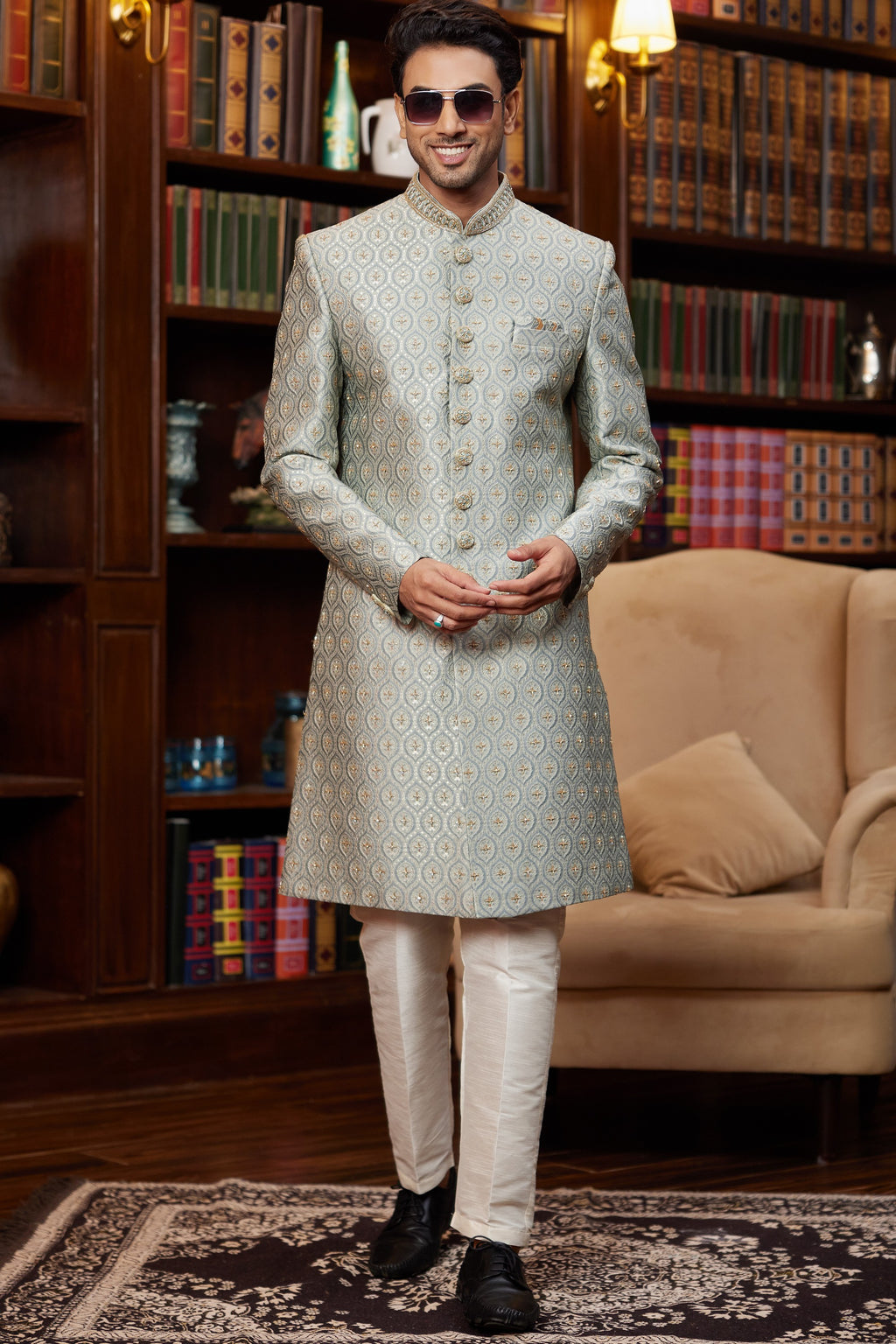 Grey Jacquard Silk Indo Western Traditional Sherwani Long Kurta & Pant for Men for Wedding - Embroidery Work