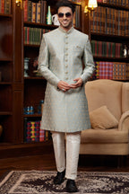 Grey Jacquard Silk Indo Western Traditional Sherwani Long Kurta & Pant for Men for Wedding - Embroidery Work