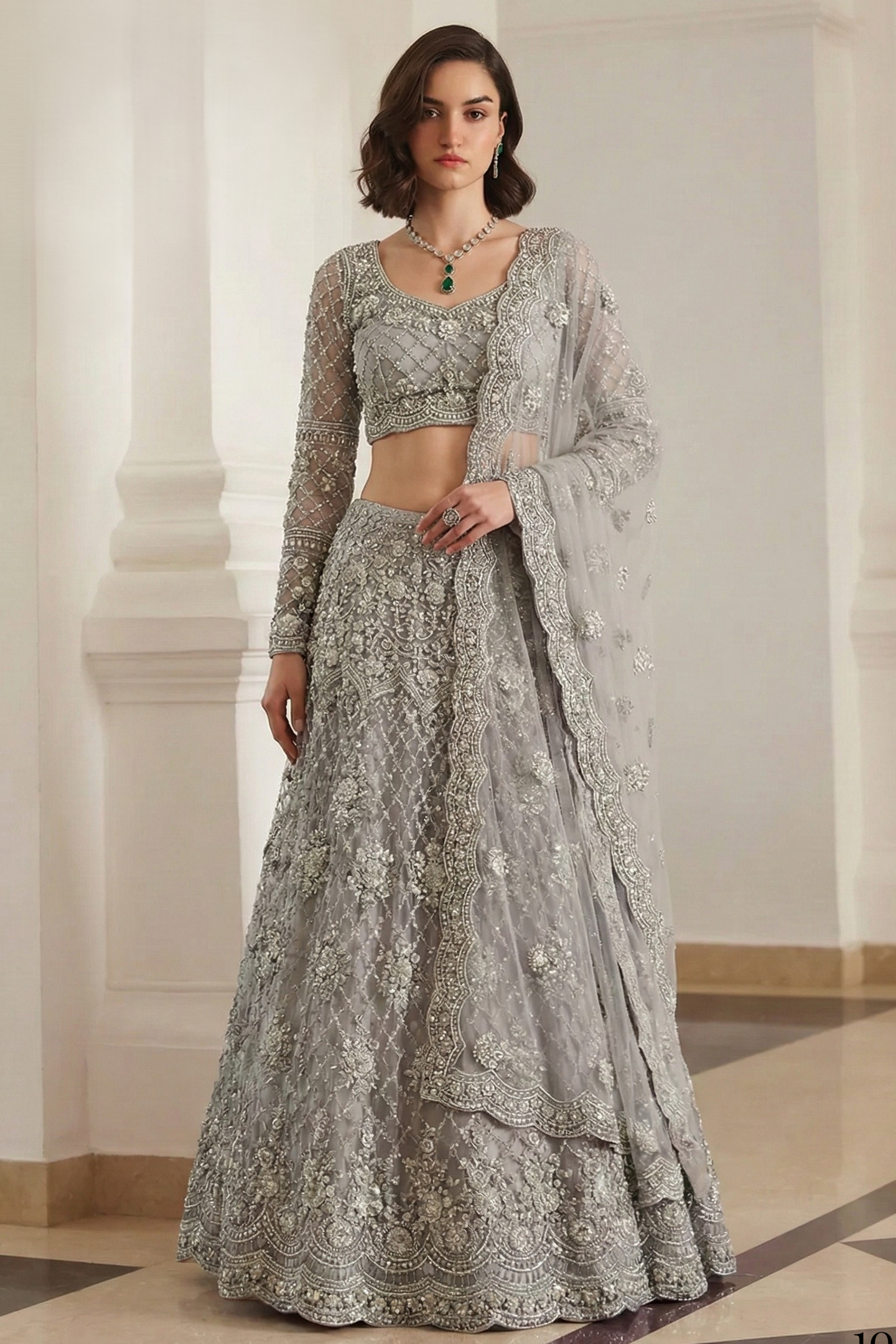 Grey Net Sangeet Lehenga Choli with Thread and Sequin Embroidery