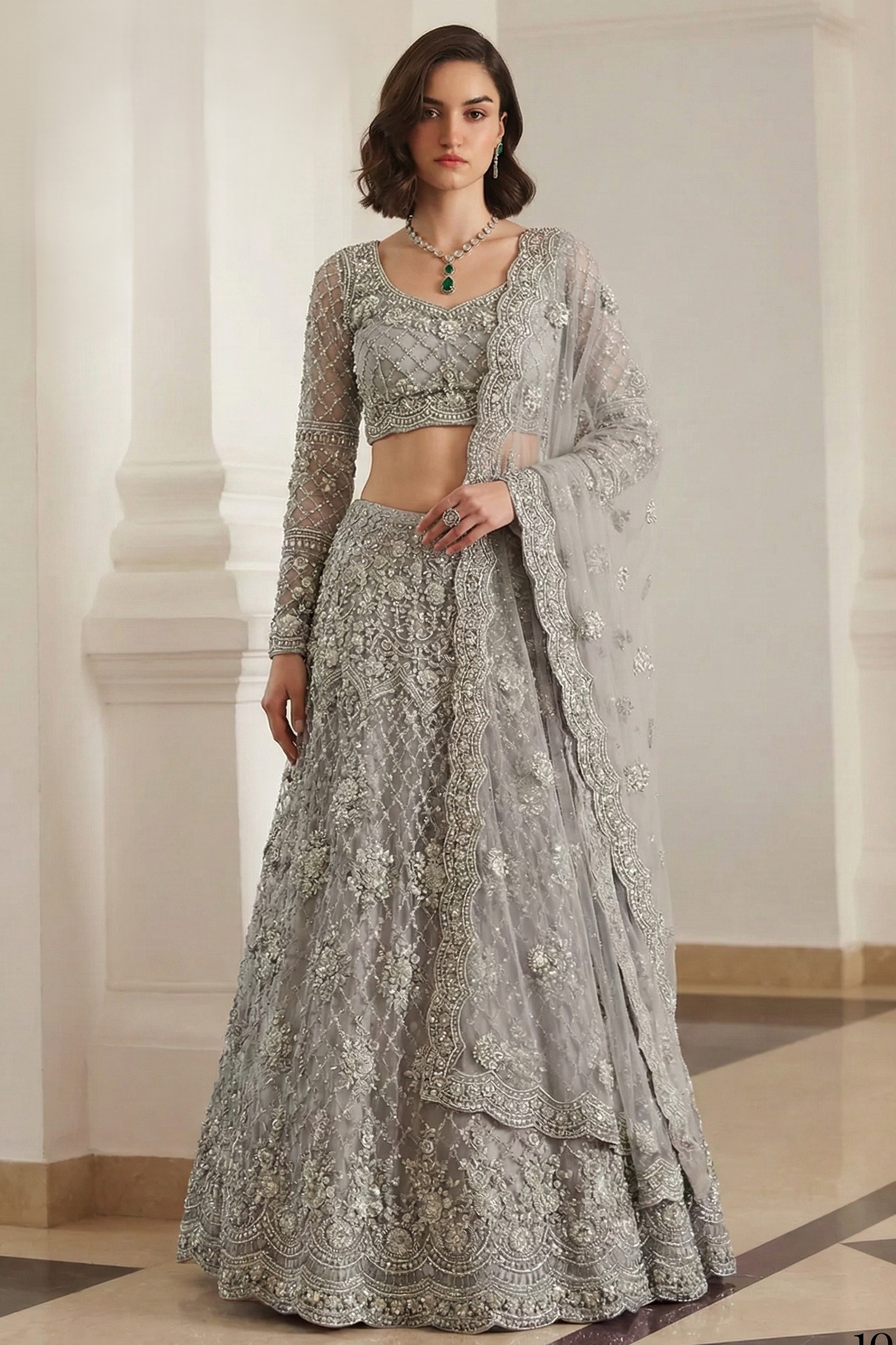 Grey Net Sangeet Lehenga Choli with Thread and Sequin Embroidery