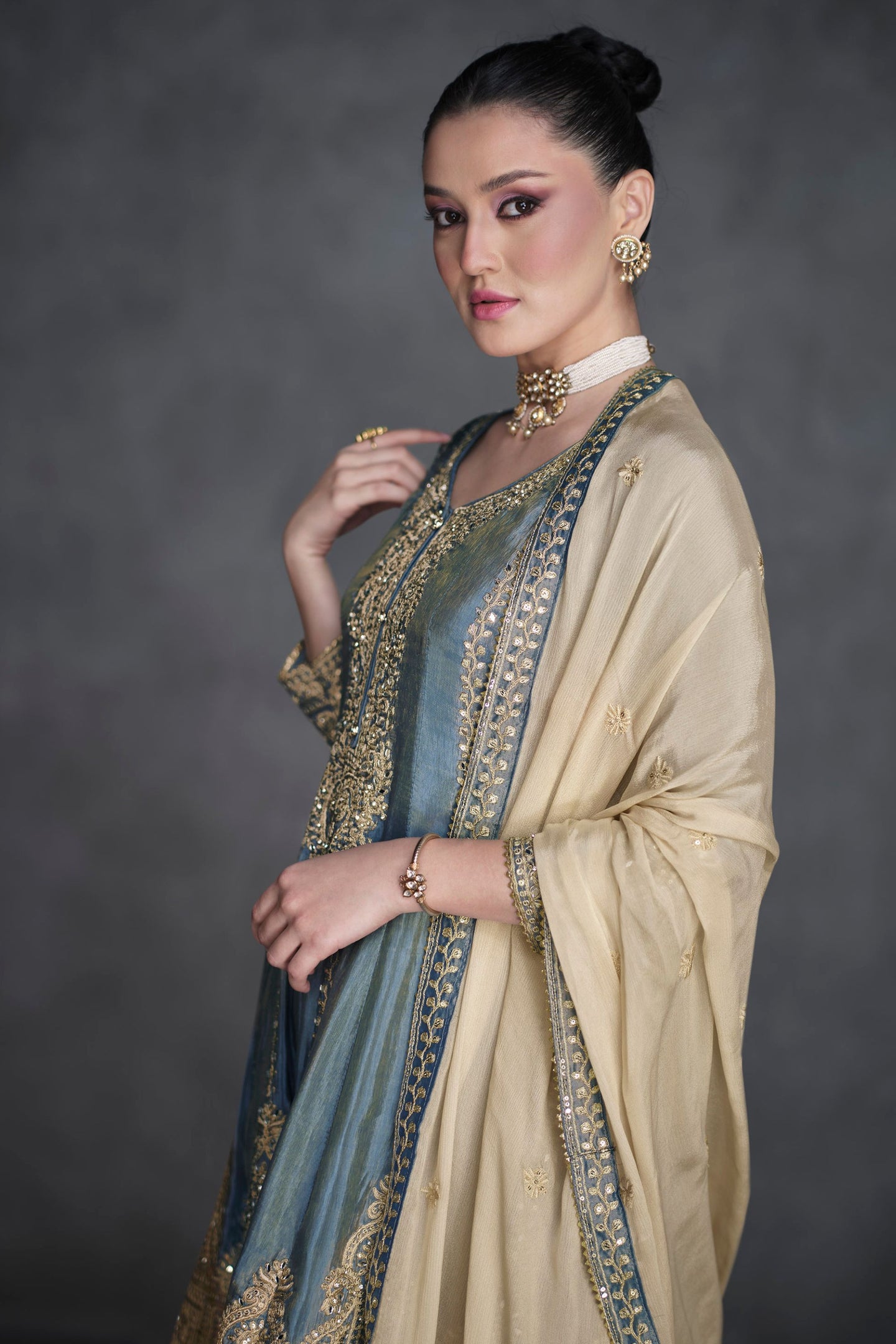 Grey Organza Salwar Kameez For Indian Suit Festivals & Pakistani Weddings - Embroidery Work