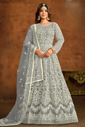 Grey Net Anarkali Dress for Reception with Thread Work