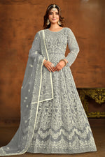 Grey Net Anarkali Dress for Reception with Thread Work