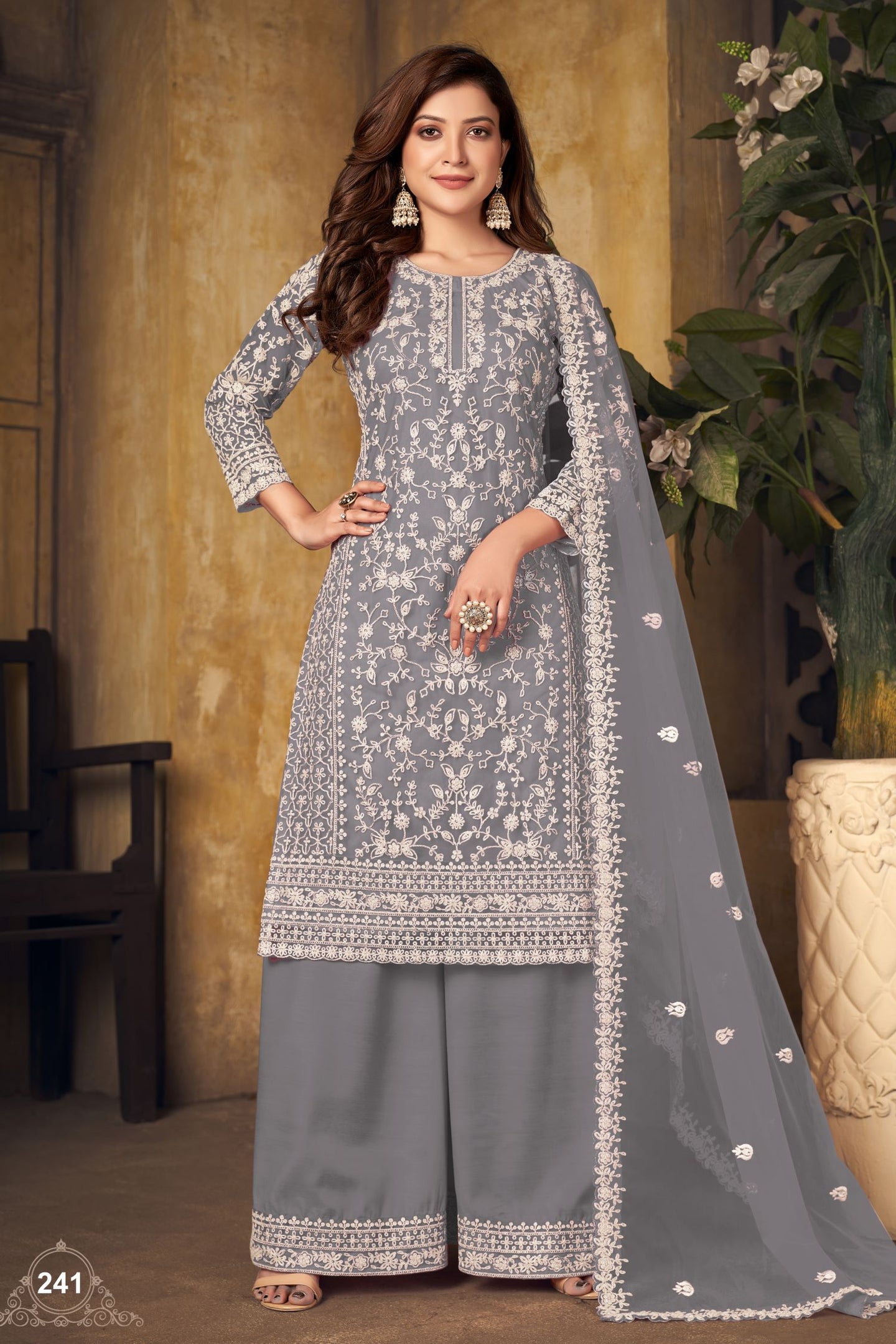 Grey Net Plazo with Thread Embroidery Work for Sangeet Outfits for Women