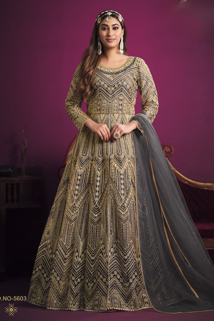 Grey Net Thread Work Anarkali Indian Dresses for Women