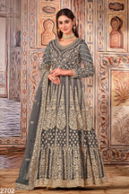 Grey Art Silk Pakistani Anarkali Dress with Sequins and Thread Embroidery