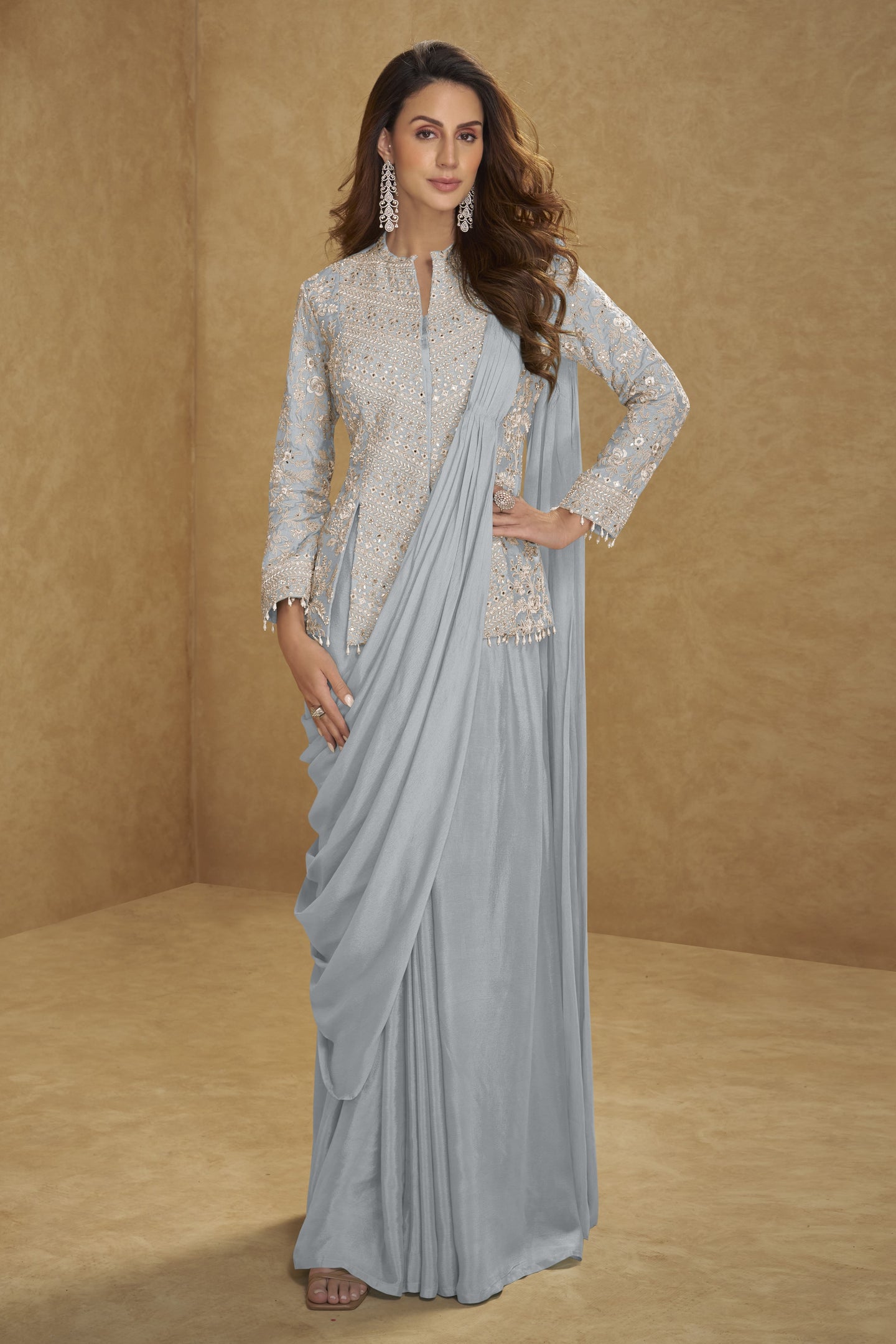 Grey Chinon Silk Jacket with Draped Saree with Embroidery