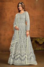 Grey Net Anarkali Dress for Reception with Thread Work
