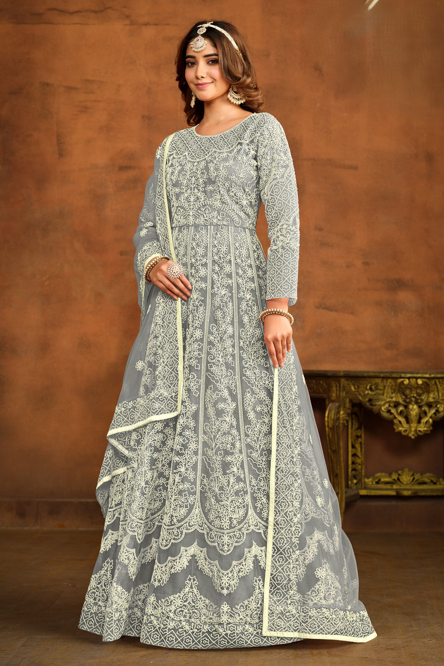 Grey Net Anarkali Dress for Reception with Thread Work