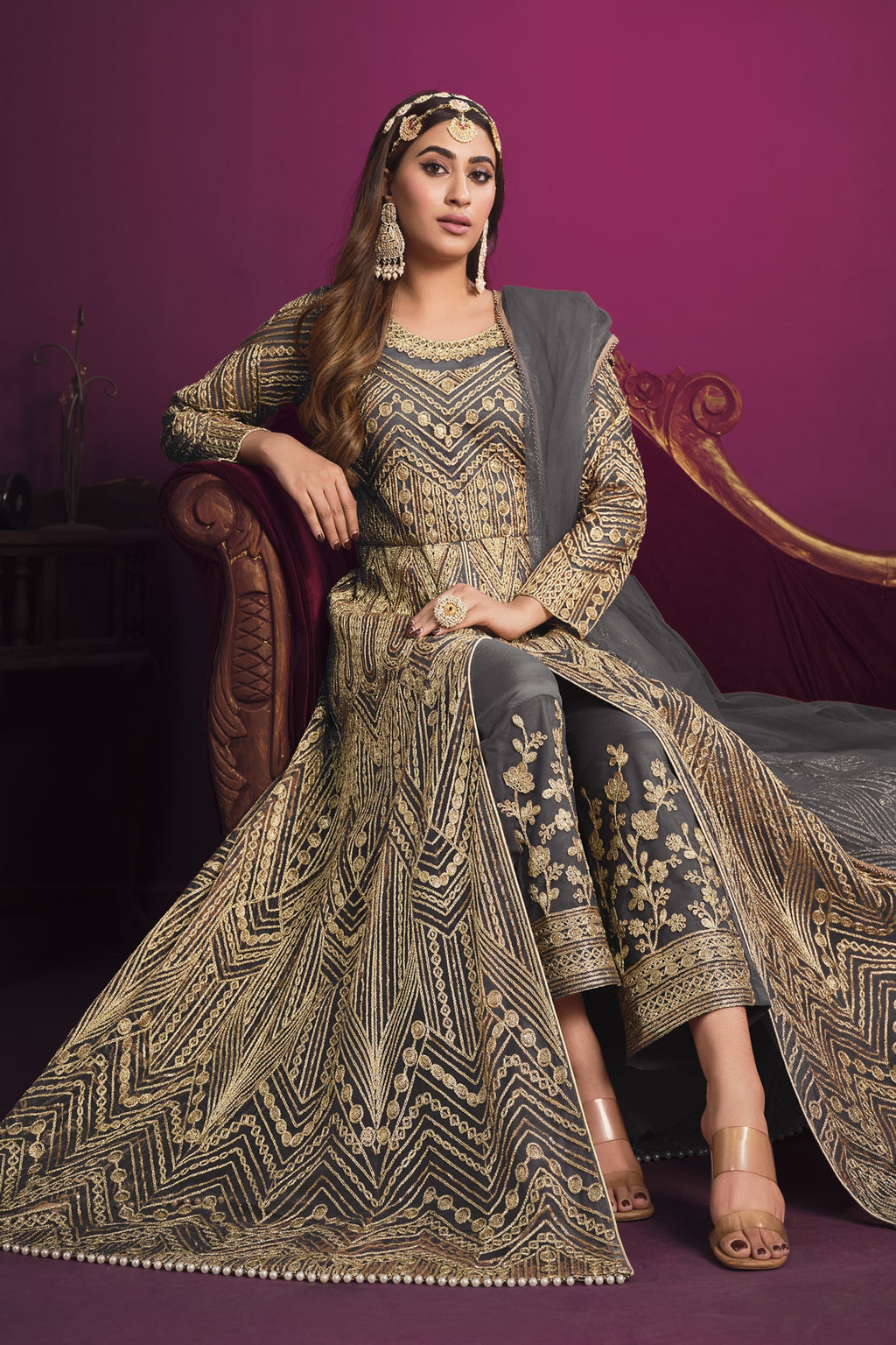 Grey Net Thread Work Anarkali Indian Dresses for Women