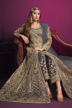 Grey Net Thread Work Anarkali Indian Dresses for Women
