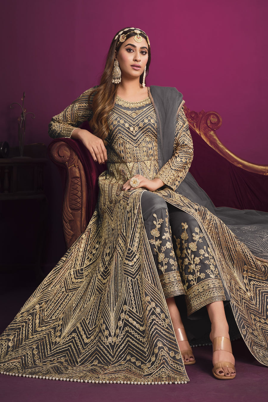 Grey Net Thread Work Anarkali Indian Dresses for Women