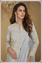 Grey Chinon Silk Jacket with Draped Saree with Embroidery
