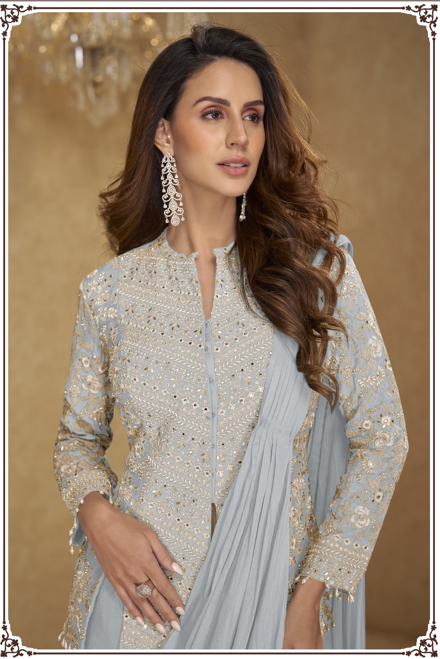 Grey Chinon Silk Jacket with Draped Saree with Embroidery